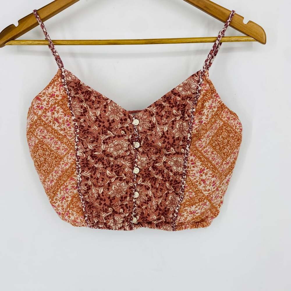 American Eagle Floral Patchwork Crop Top S Boho Y2K Button Cami Cottagecore Tank